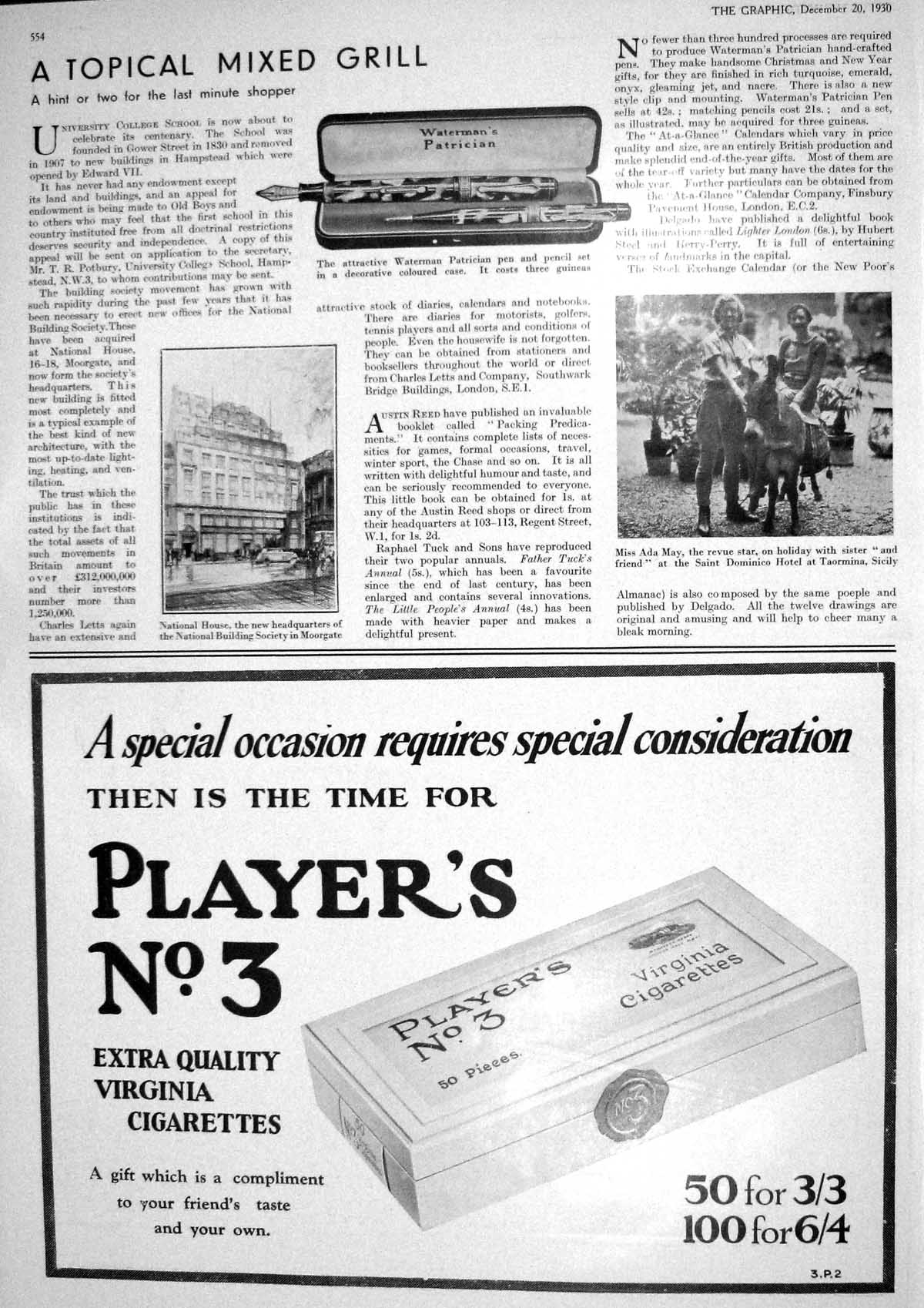 Old 1930 Waterman Pen Ada May National House Players Cigarettes State 20th