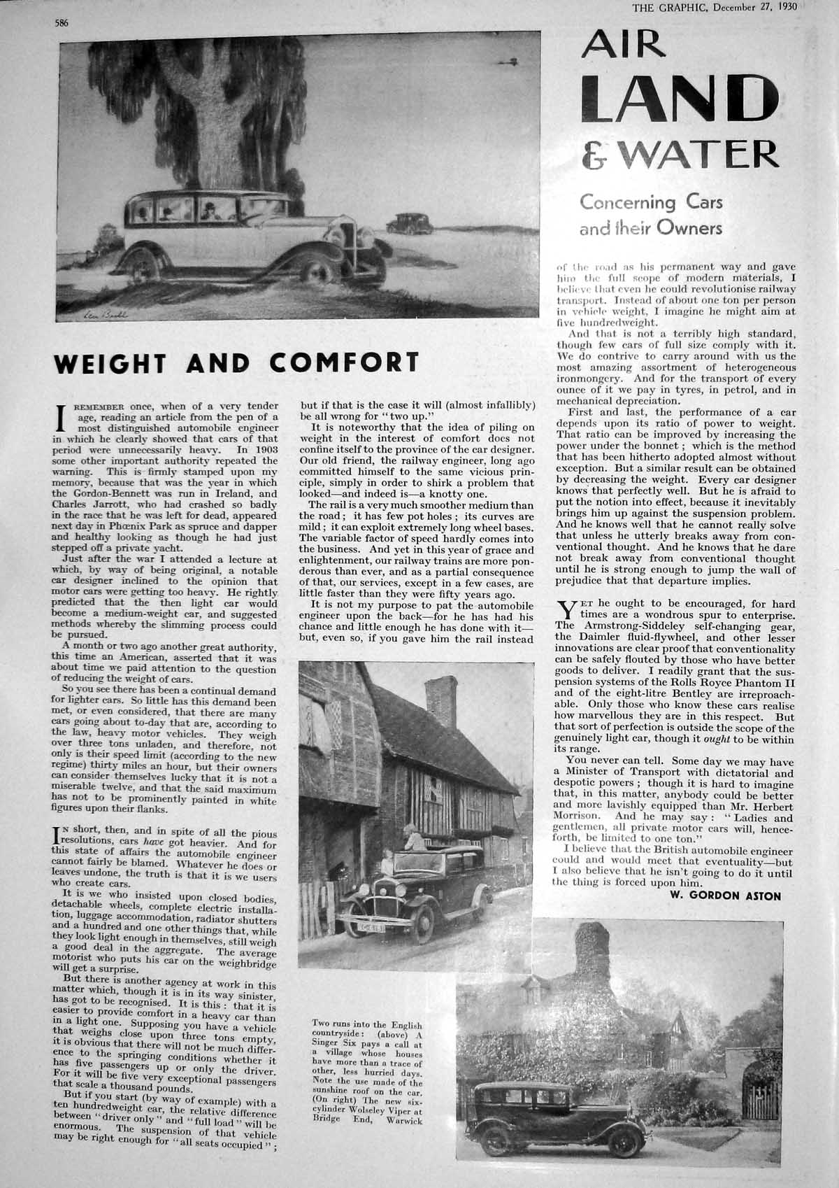 Old 1930 Motor Car Singer Six Six-Cylinder Wolseley Viper Warwick Whi 20th