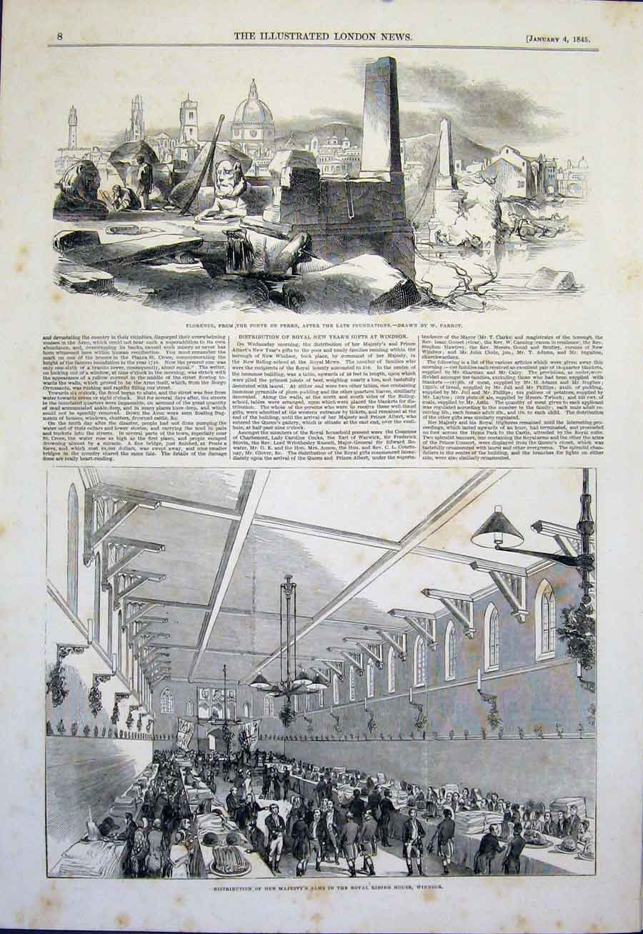 Original Old Antique Print Florence Italy Parrot Alms Riding House Windsor 1845