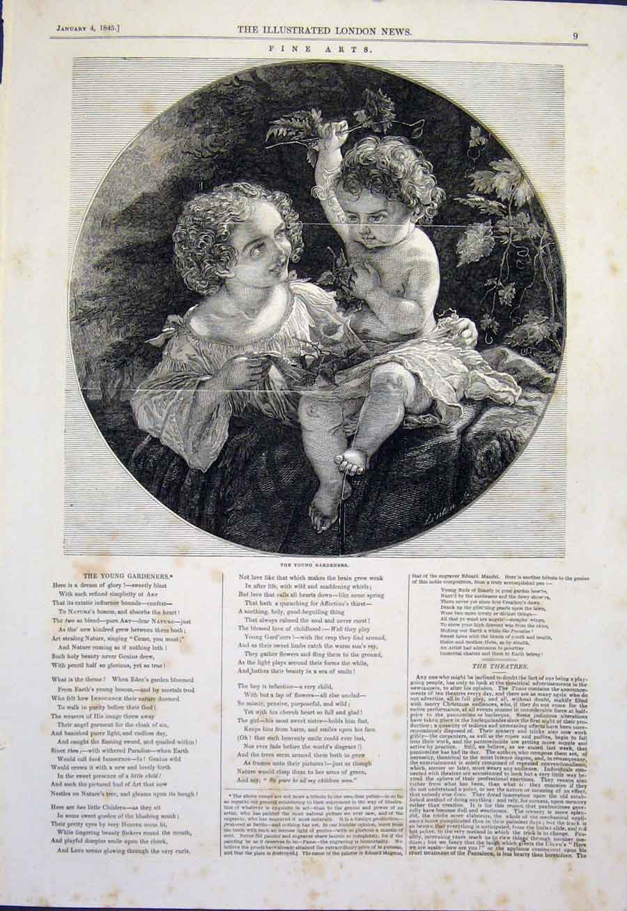Original Old Antique Print Young Gardeners Gardener Child Fine Art 1845 19th