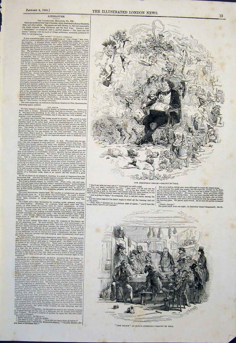 Original Old Antique Print Christmas Dream Phiz Crown Oversley Sketch 1845 19th