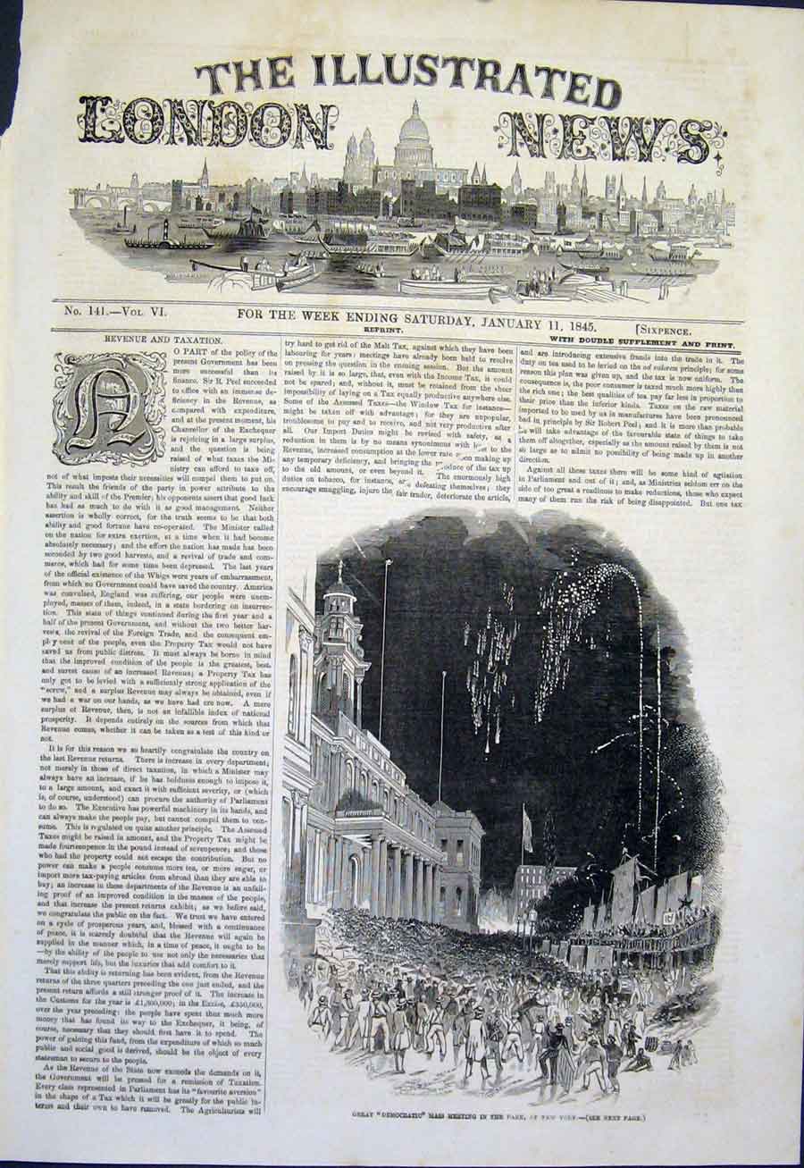 Original Old Antique Print Democratic Meeting Park New York America 1845 19th