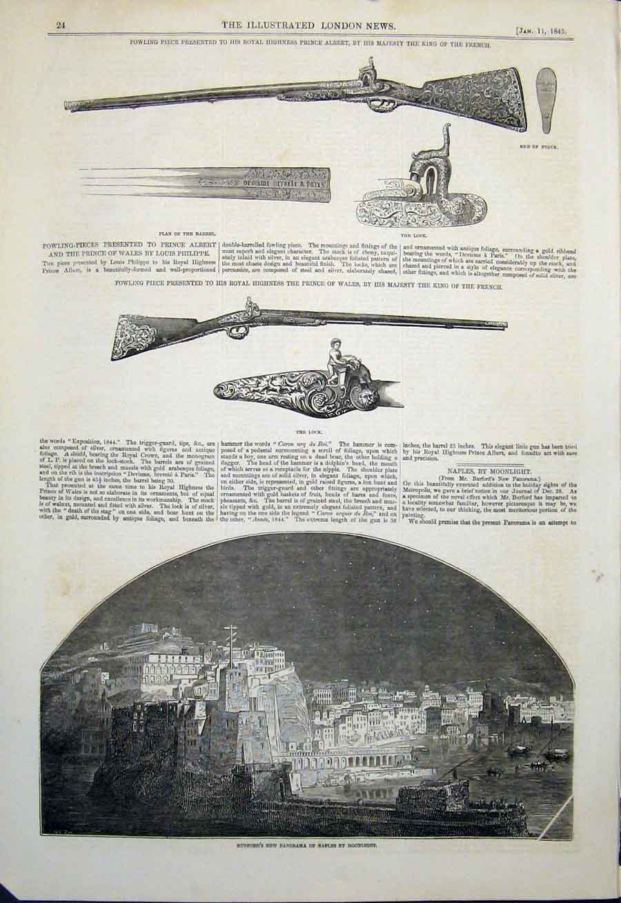 Old Antique Print Fowling Piece French Gun Guns Burford Naples Italy 1845 19th