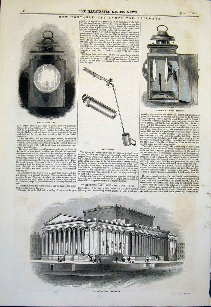 Original Old Antique Print Portable Gas Lmaps Railway St George'S Hall Liverpool