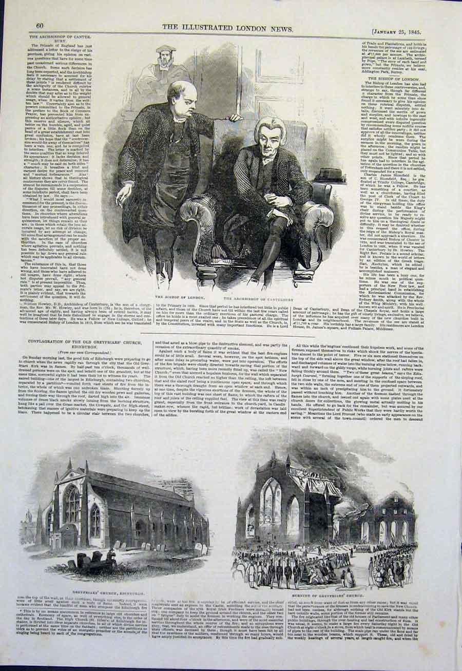 Original Old Antique Print Bishop London Canterbury Churh Greyfriar'S Edinburgh