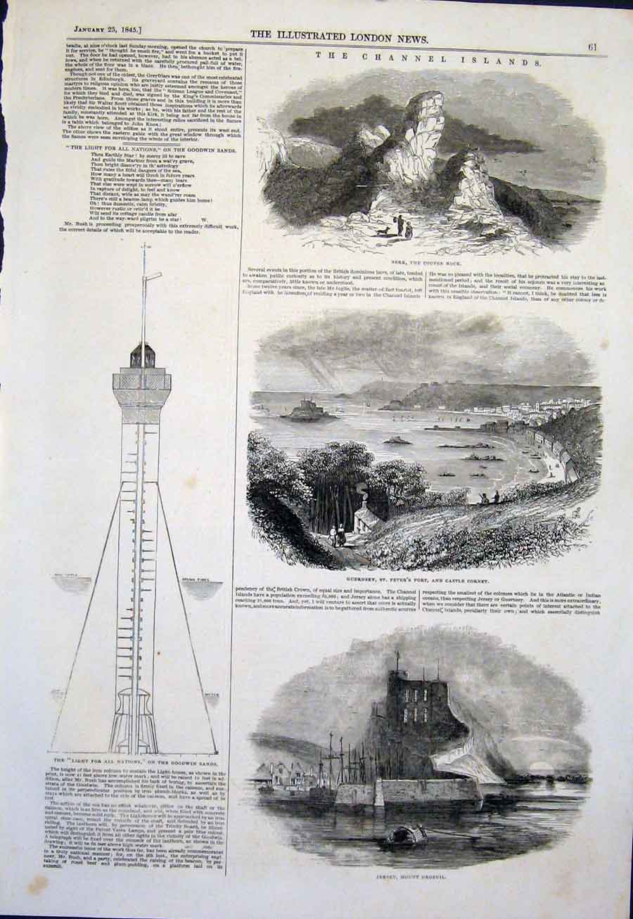 Old Antique Print Channel Islands Guernsey Castle Cornet Orgeuil Goodwin