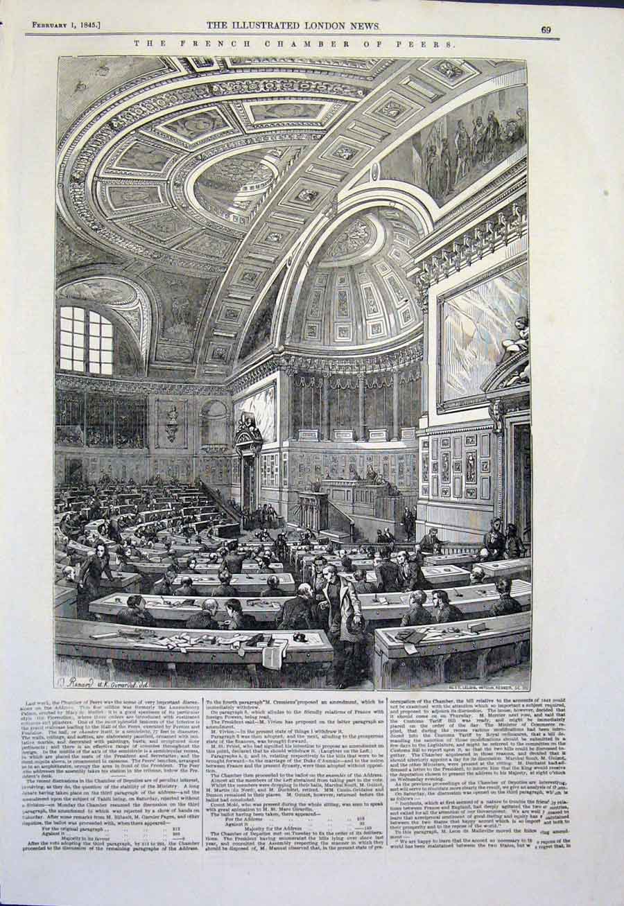 Original Old Antique Print French Chamber Peers Parliament 1845 19th