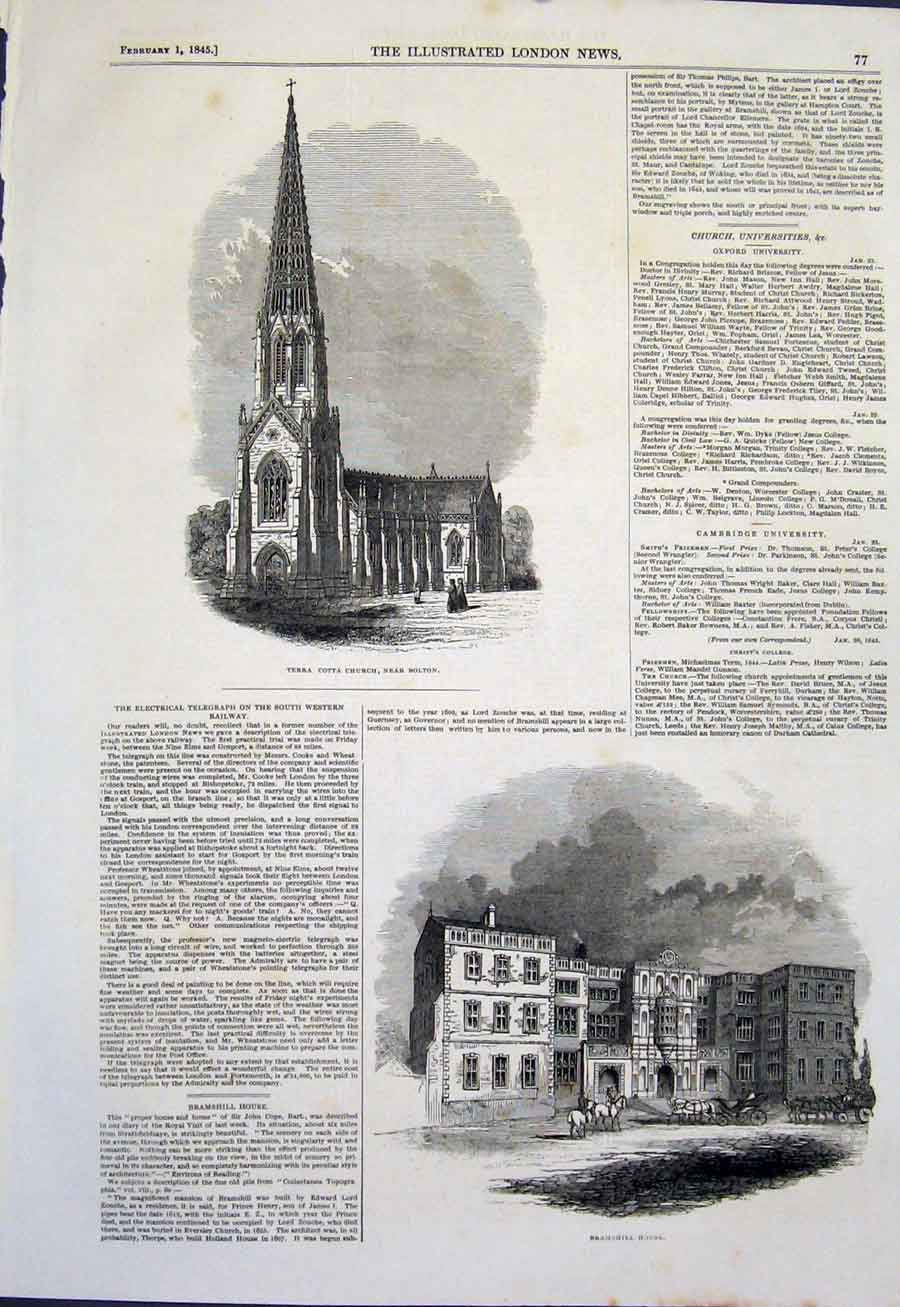 Original Old Antique Print Church Terra Cotta Bolton Bramshill House 1845 19th