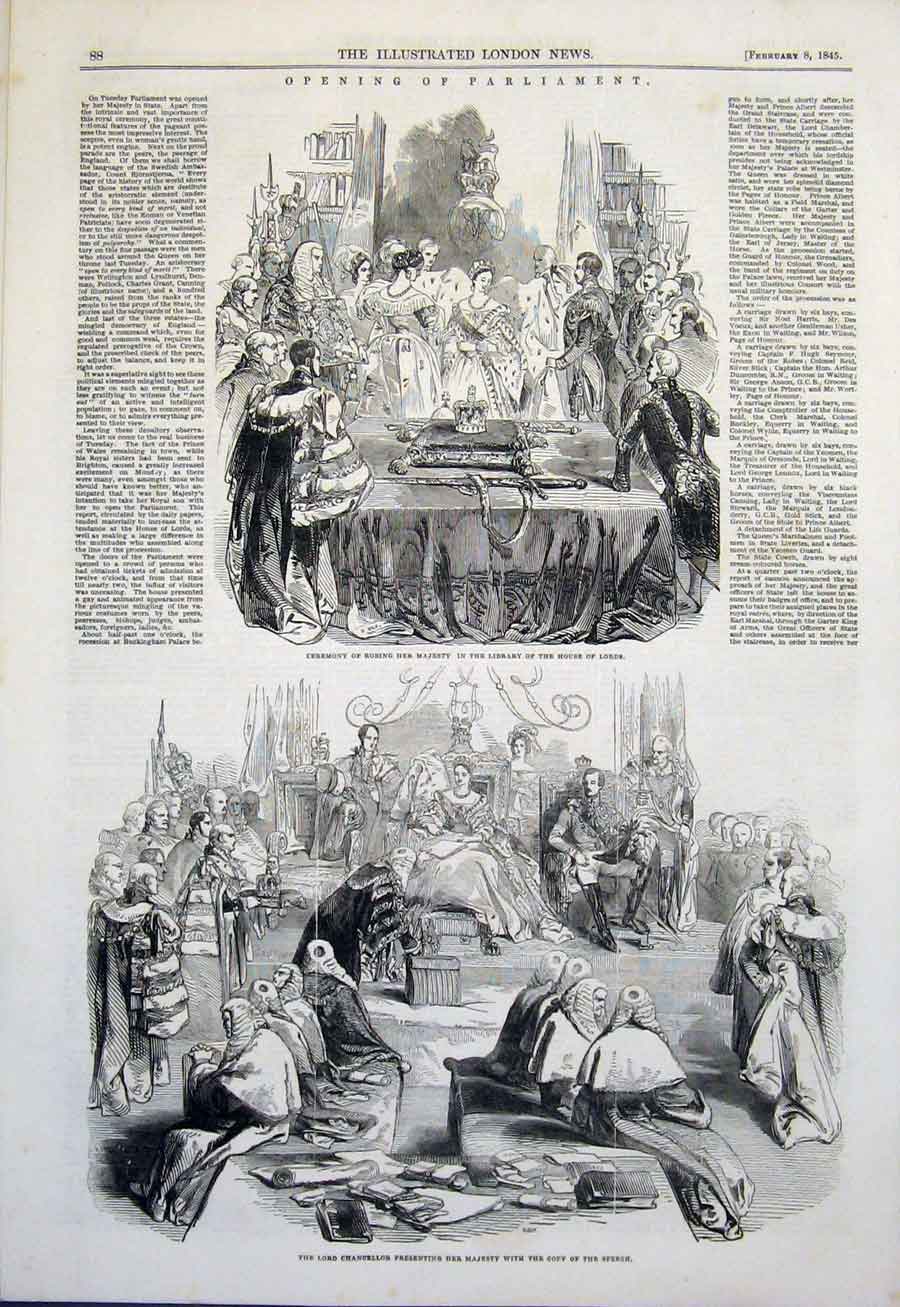Old Antique Print Parliament House Lords Chancellor Benches Commons 1845 19th