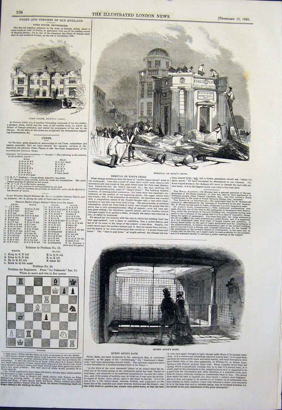 Original Old Antique Print Ford House Devonshire King'S Cross Bath Newton Abbot