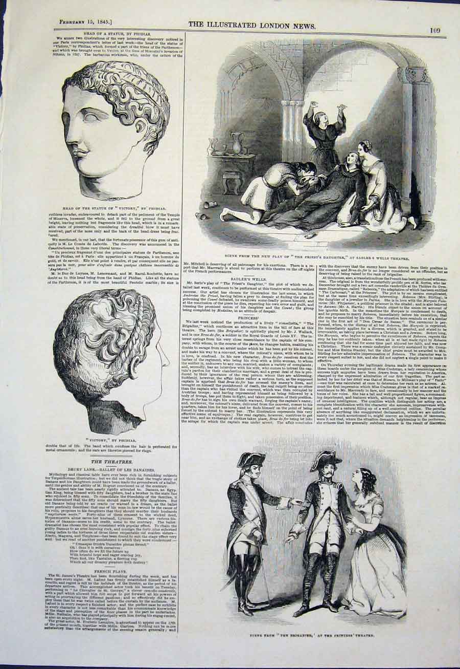Original Old Antique Print Saddler'S Wells Theatre Phidias Bust Statue 1845 19th