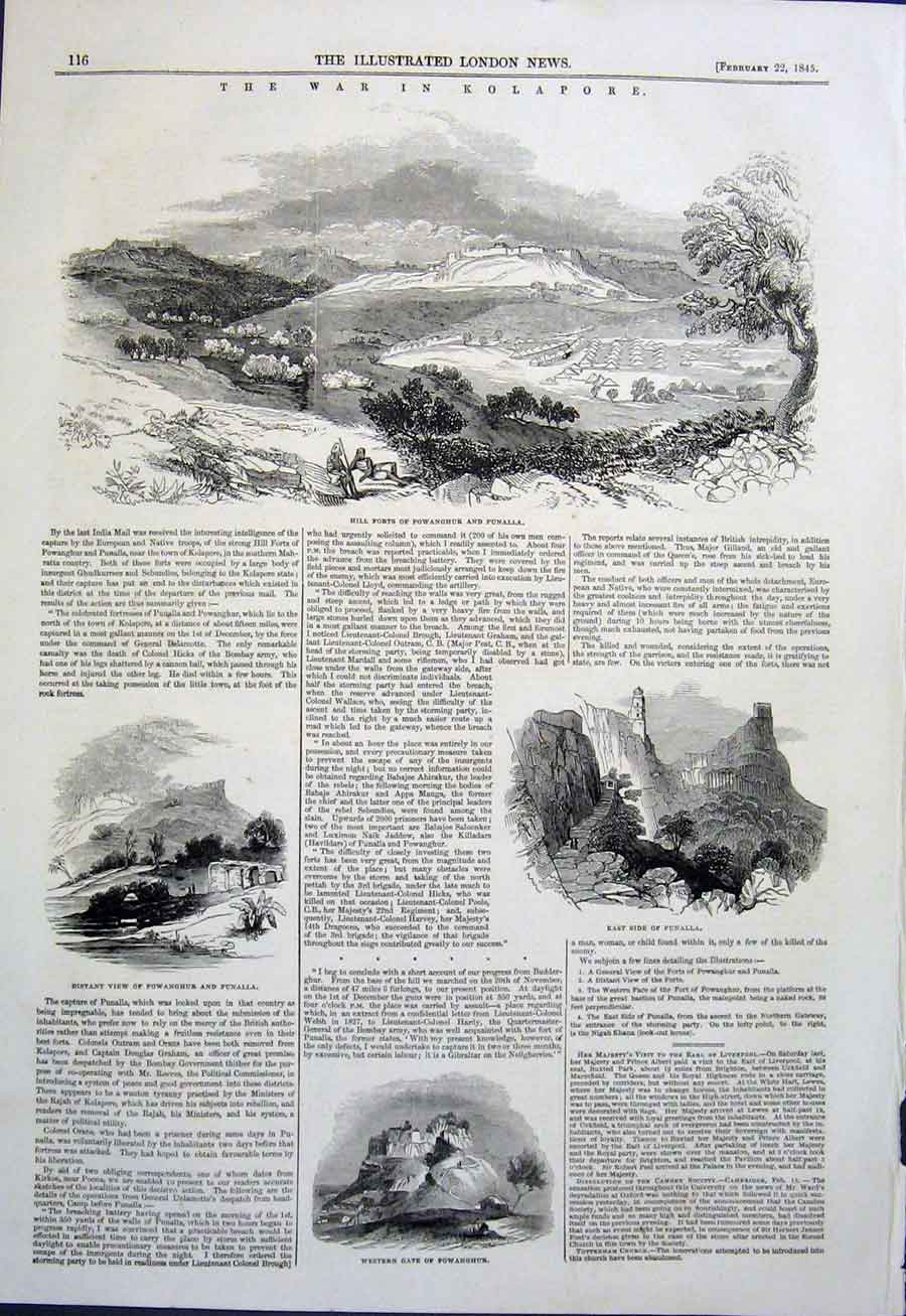 Original Old Antique Print War Kolapore Fort Powanghur Punalla 1845 Victorian