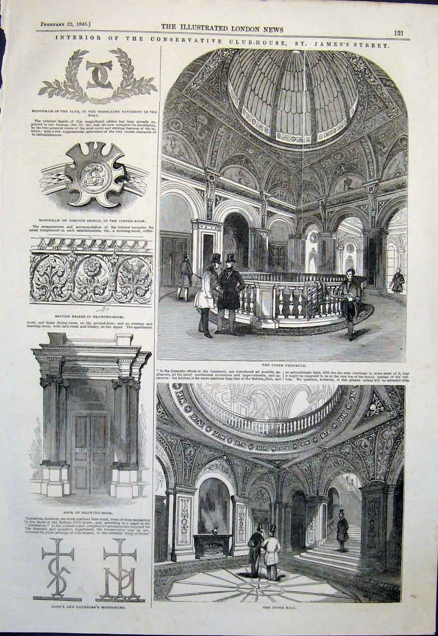 Original Old Antique Print Club House St James'S Street Conservative Vestibule