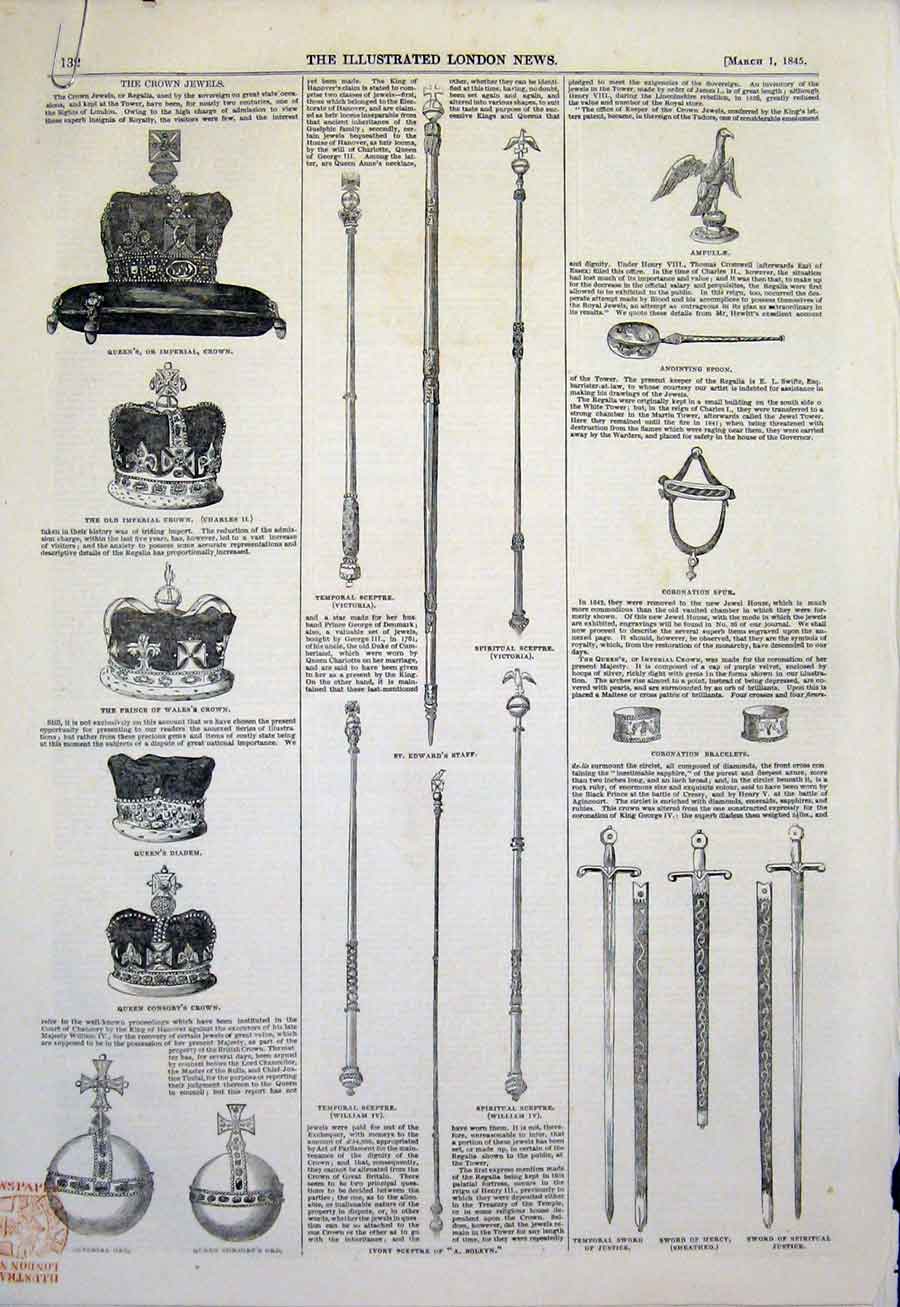 Original Old Antique Print Crown Jewels Cellartankard Spoon Crown Sword 1845