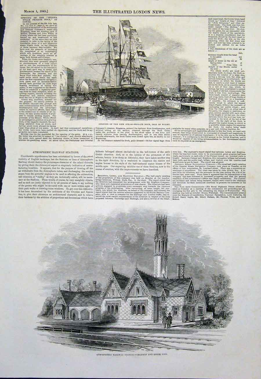 Old Antique Print Steam Frigate Dock Wight Railway Station Croydon Epsom