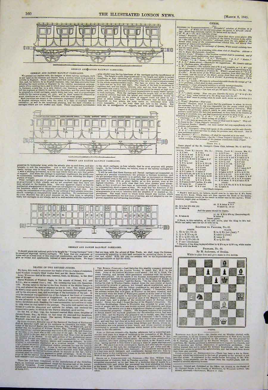 Original Old Antique Print Chess Solutions Railway Carriages German Danish