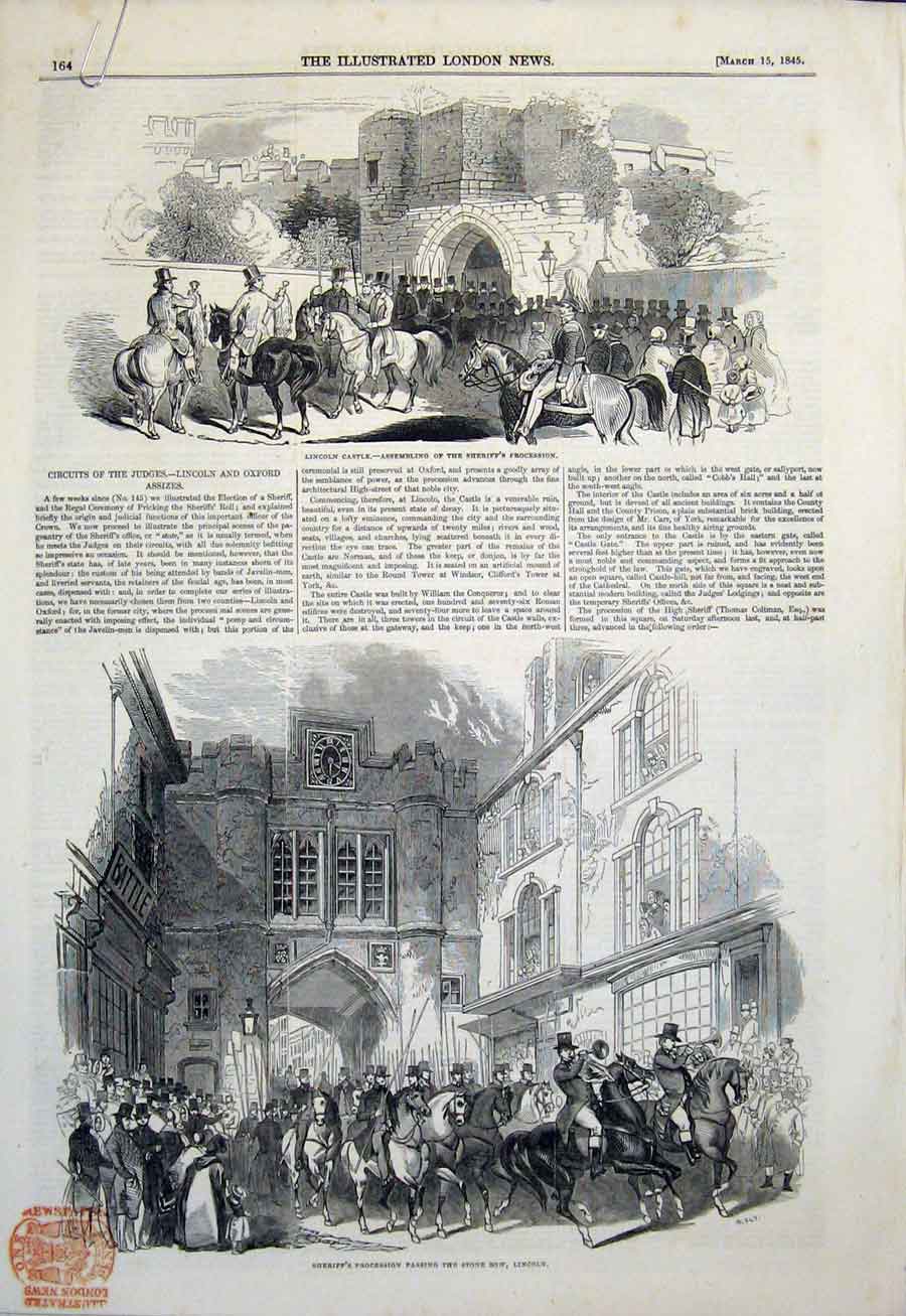 Original Old Antique Print Lincoln Castle Sheriff Oxford Assize London 1845