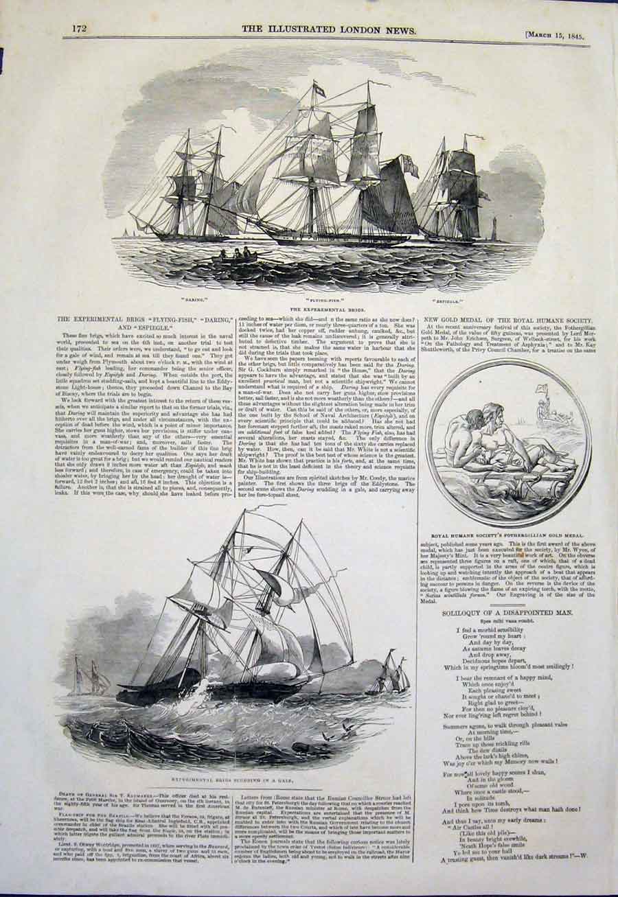 Original Old Antique Print Experimental Brigs Fothergillian GMedal Humane 1845