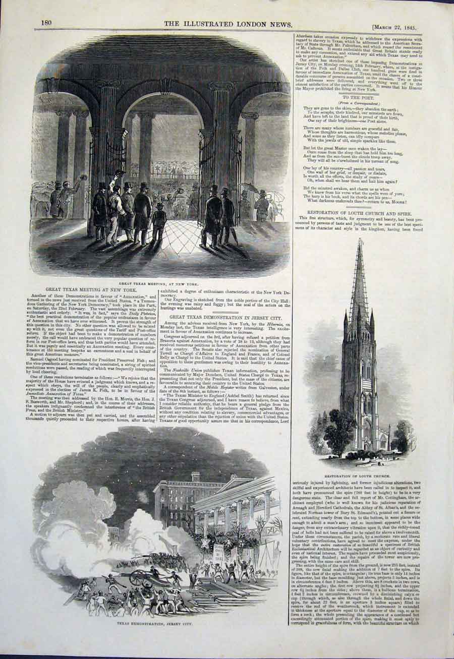 Original Old Antique Print Texas Meeting New York Jersey Louth Church City 1845