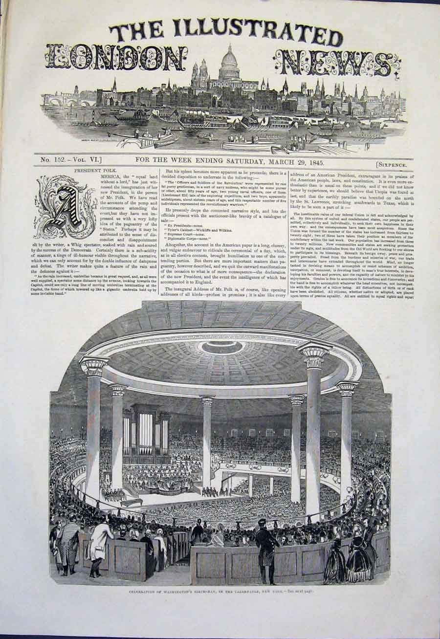 Old Antique Print Washinton Birthday Tabernacle New York Celebration 1845 19th