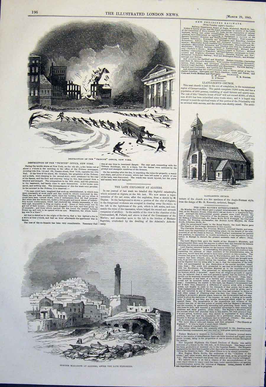 Old Antique Print Tribune Office New York Llanllechyd Church Algiers 1845 19th