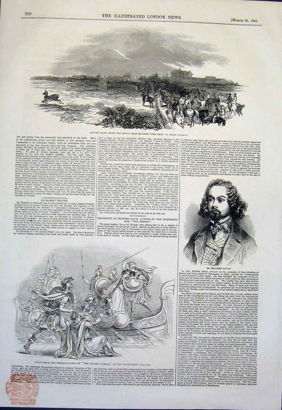 Original Old Antique Print Hunt Stag Hounds Stke Common David Haymarket Theatre