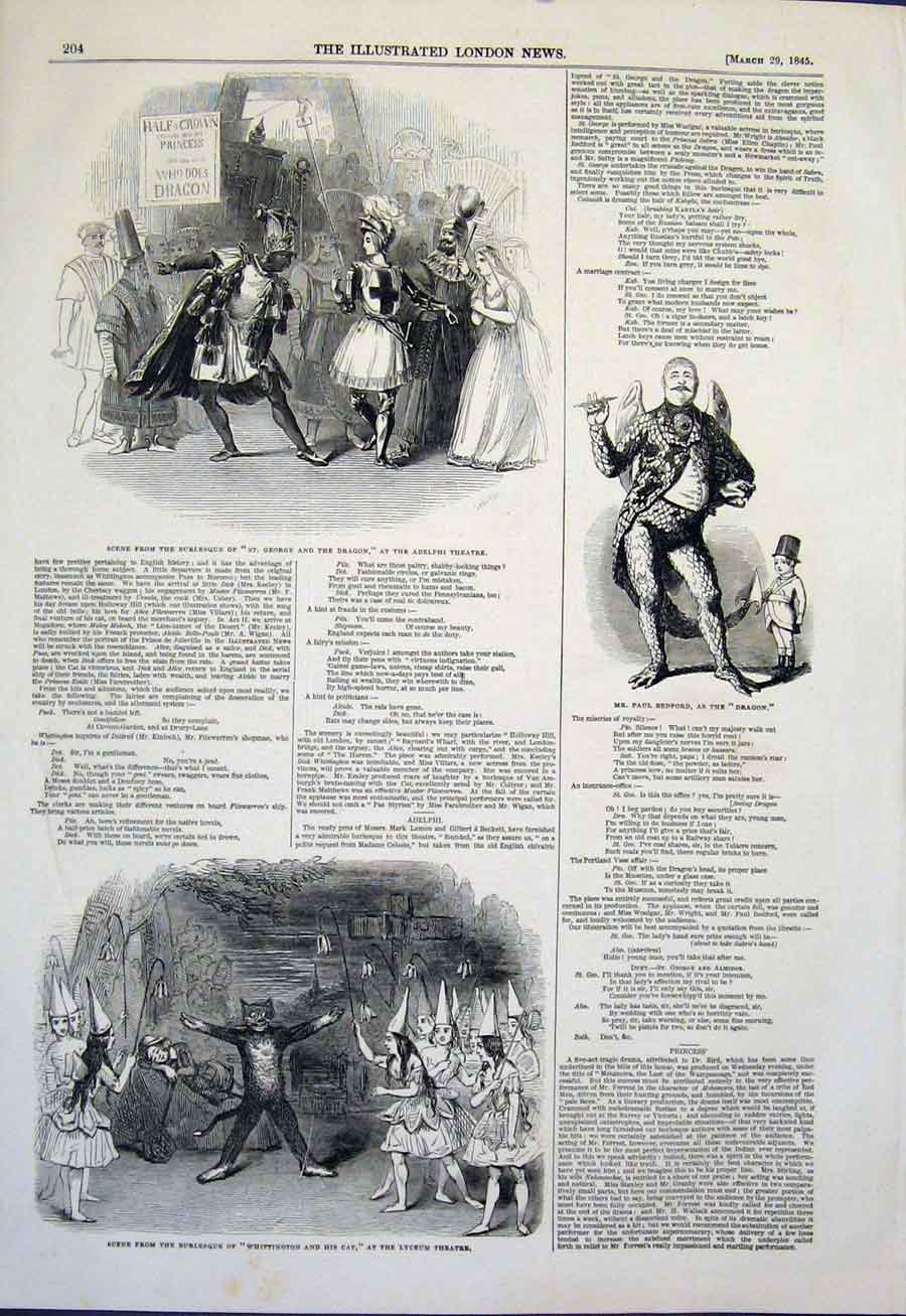 Original Old Antique Print Theatre Adelphi Burlesque Bedford Dragon Lyceum Cat
