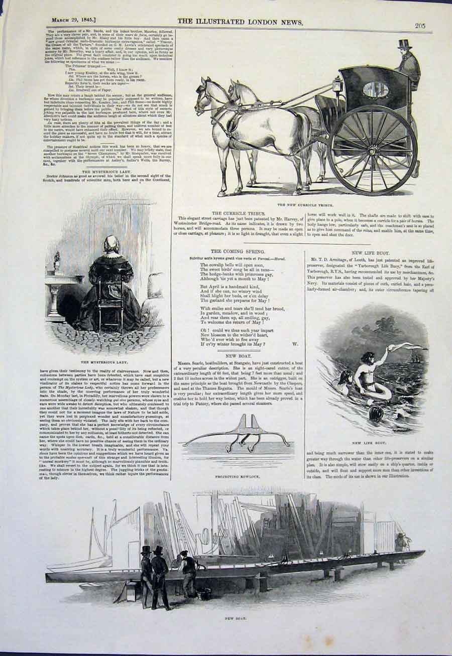Original Old Antique Print Curricle Tribus Carriage Lady Life Buoy Boat 1845