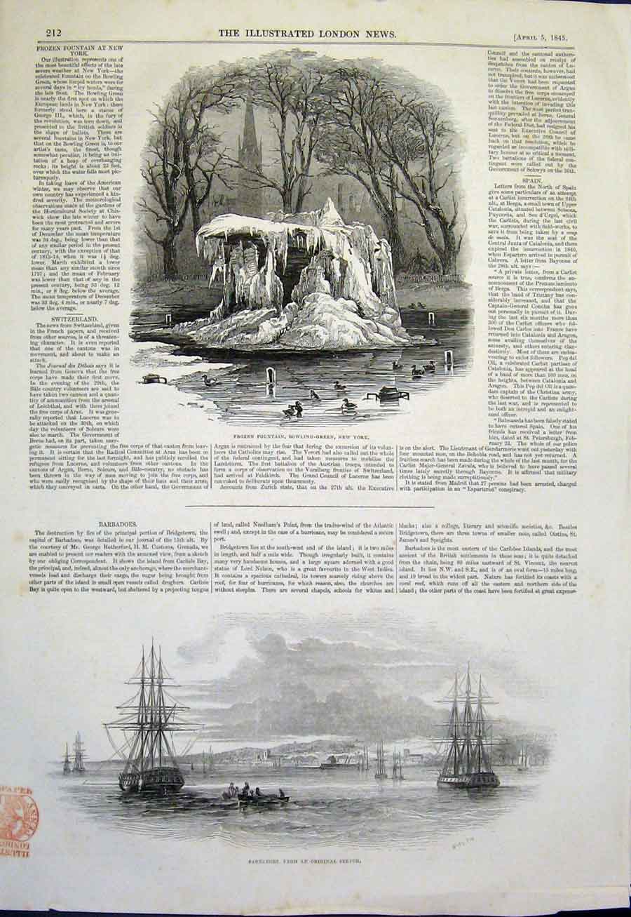 Original Old Antique Print Frozen Fountain New York Bowling Green Barbadoes 1845