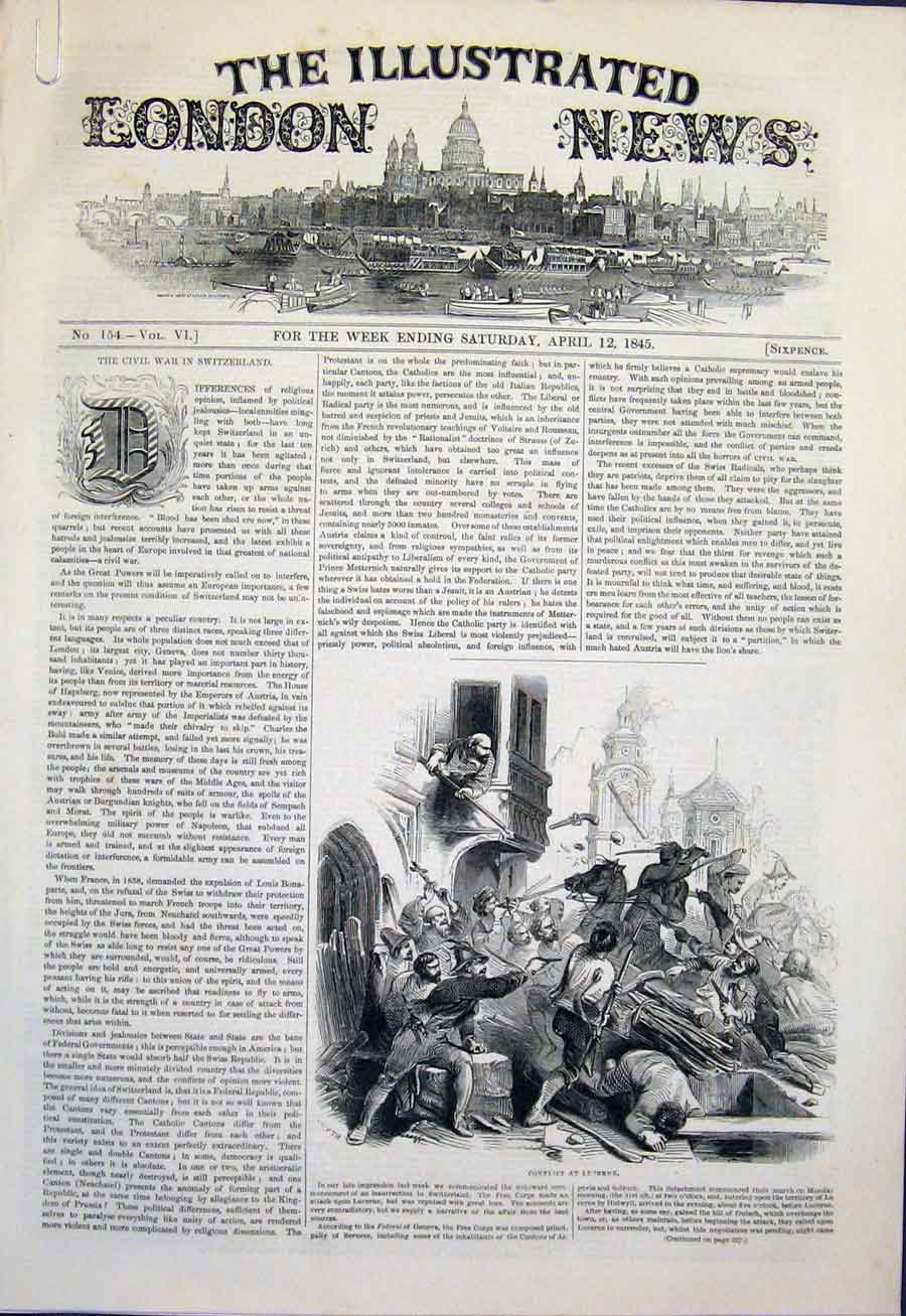 Original Old Antique Print Lucerne Conflictzurich Switzerland Metternich
