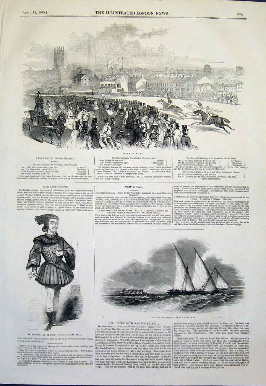 Old Antique Print Warwick Races Horse Duprez Guillaume Tell Drury Theatre