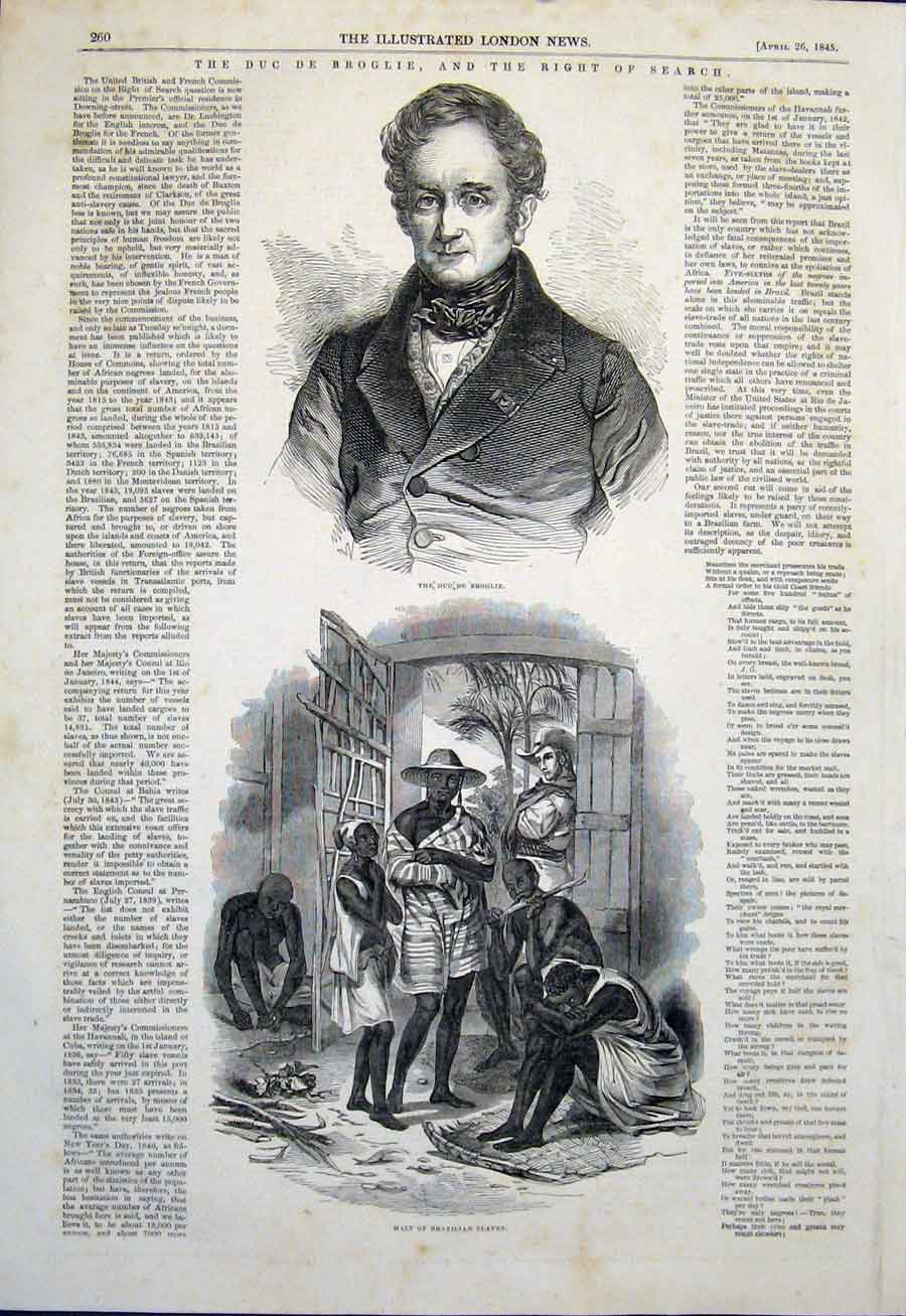 Original Old Antique Print Duc Broglie Portrait Brazilian Slaves 1845 Victorian