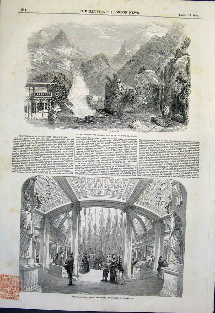 Original Old Antique Print Colosseum Chalet Mont Blanc Museum Sculpture 1845