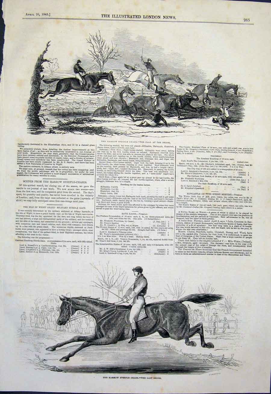Original Old Antique Print Harrow Steeple Chase Brook Fall Horses 1845 Victorian