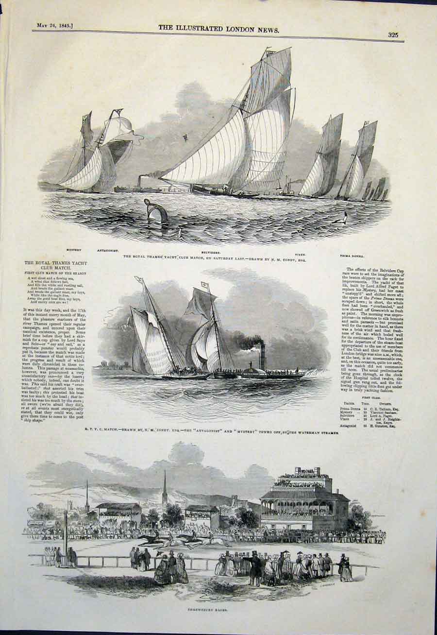 Original Old Antique Print Belvidere Condy Yacht Club Shrewsbury Races 1845 19th