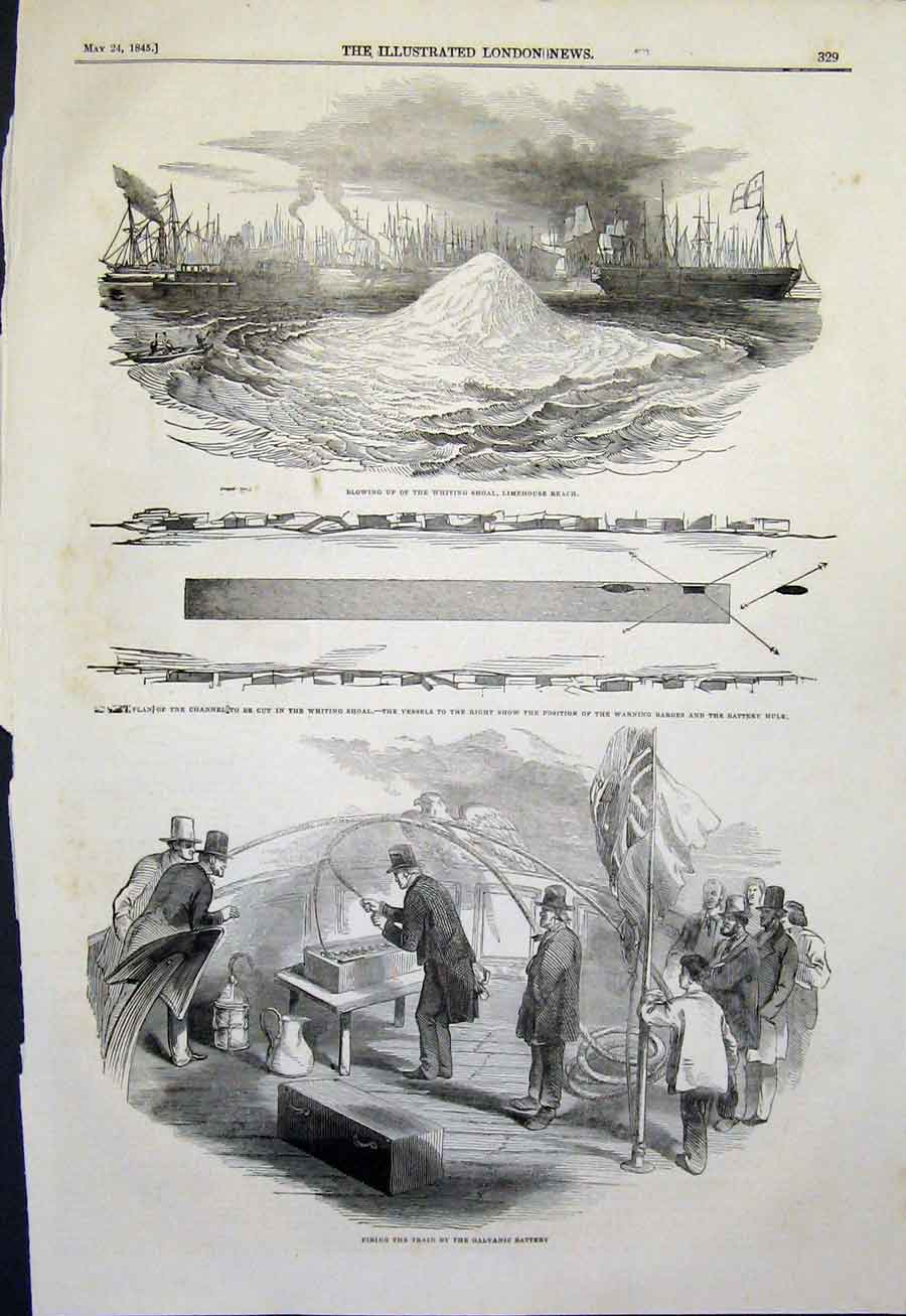 Old Antique Print Whiting Shoal Limehouse Reach Channel Galvanic Battery