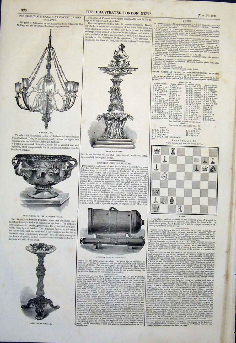 Old Antique Print Chandelier Iron Fountain Warwick Vase Gun Chess Bazaar
