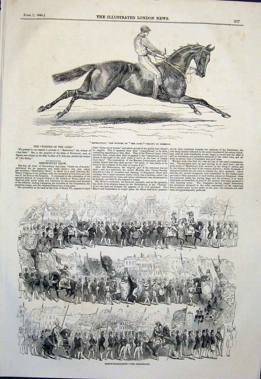 Old Antique Print Refraction Oaks Herring Race Horse Shrewsbury Show 1845 19th