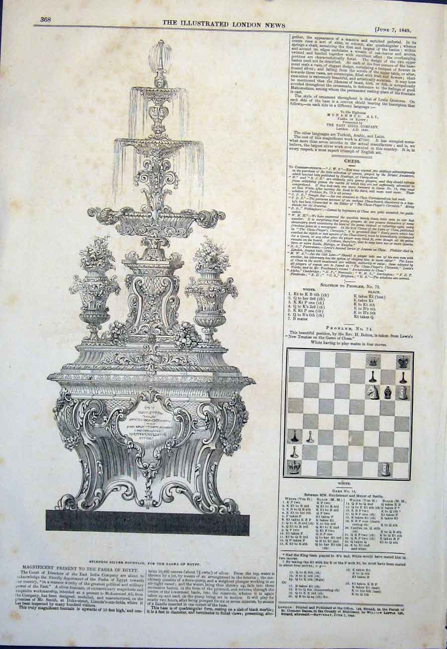 Original Old Antique Print Silver Fountain Pasha Egypt Chess 1845 19th