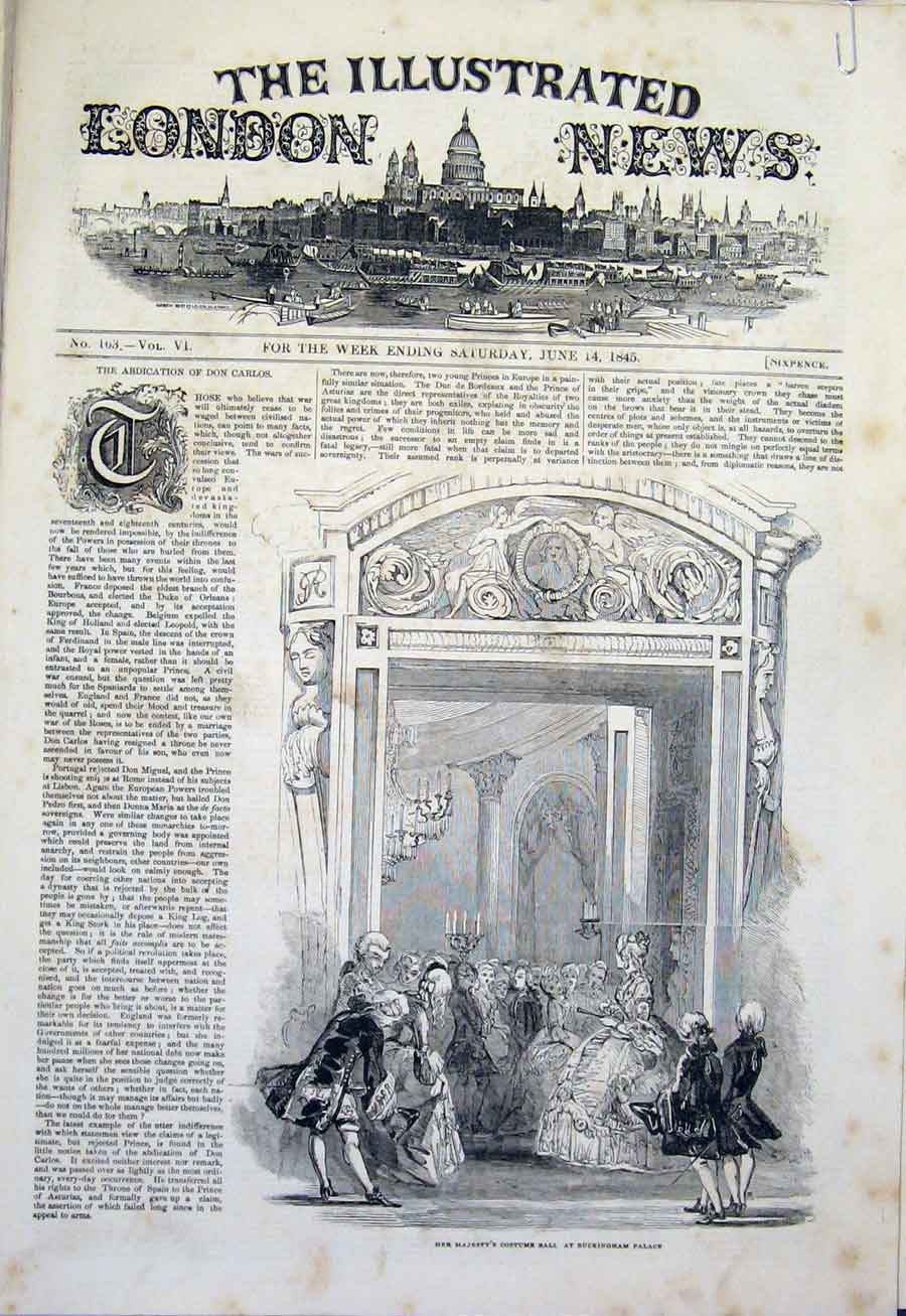 Original Old Antique Print Costume Ball Majesty'S Buckingham Palace 1845 19th