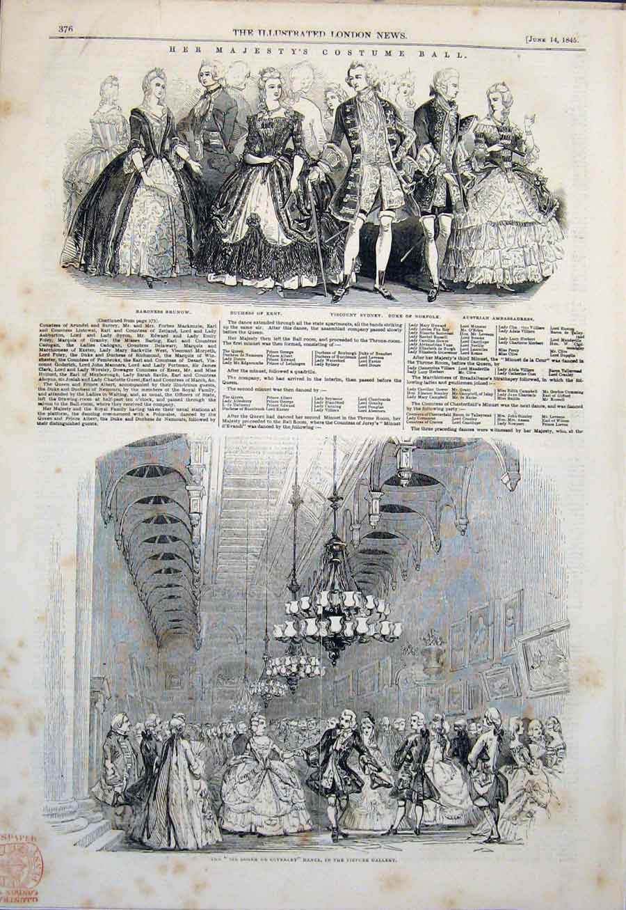 Original Old Antique Print Costume Ball Her Majesty'S Buckingham Palace London