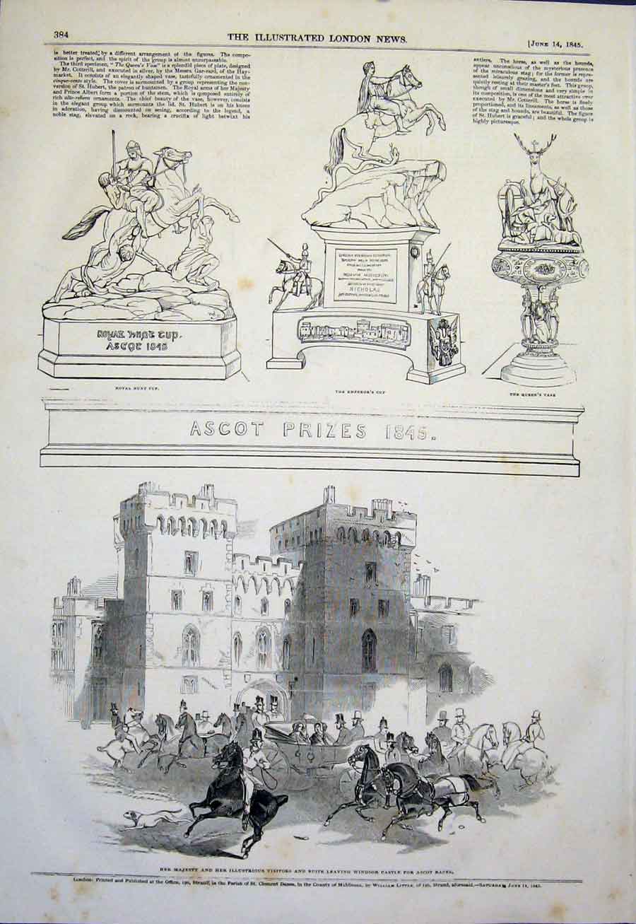 Original Old Antique Print Ascot Prizes Windsor Castle Race Races 1845 Victorian