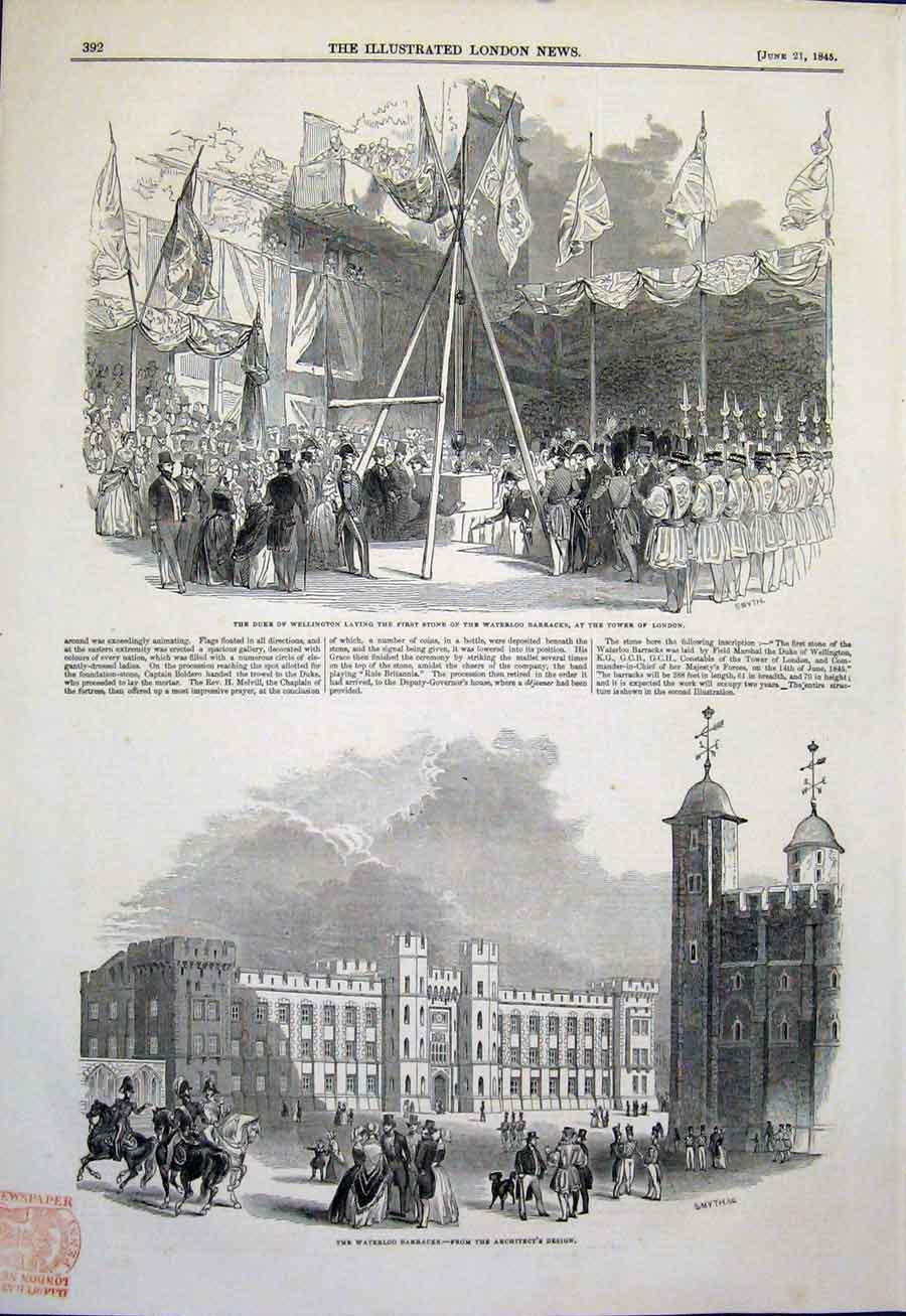 Original Old Antique Print Wellington Duke Waterloo Barracks London Tower 1845