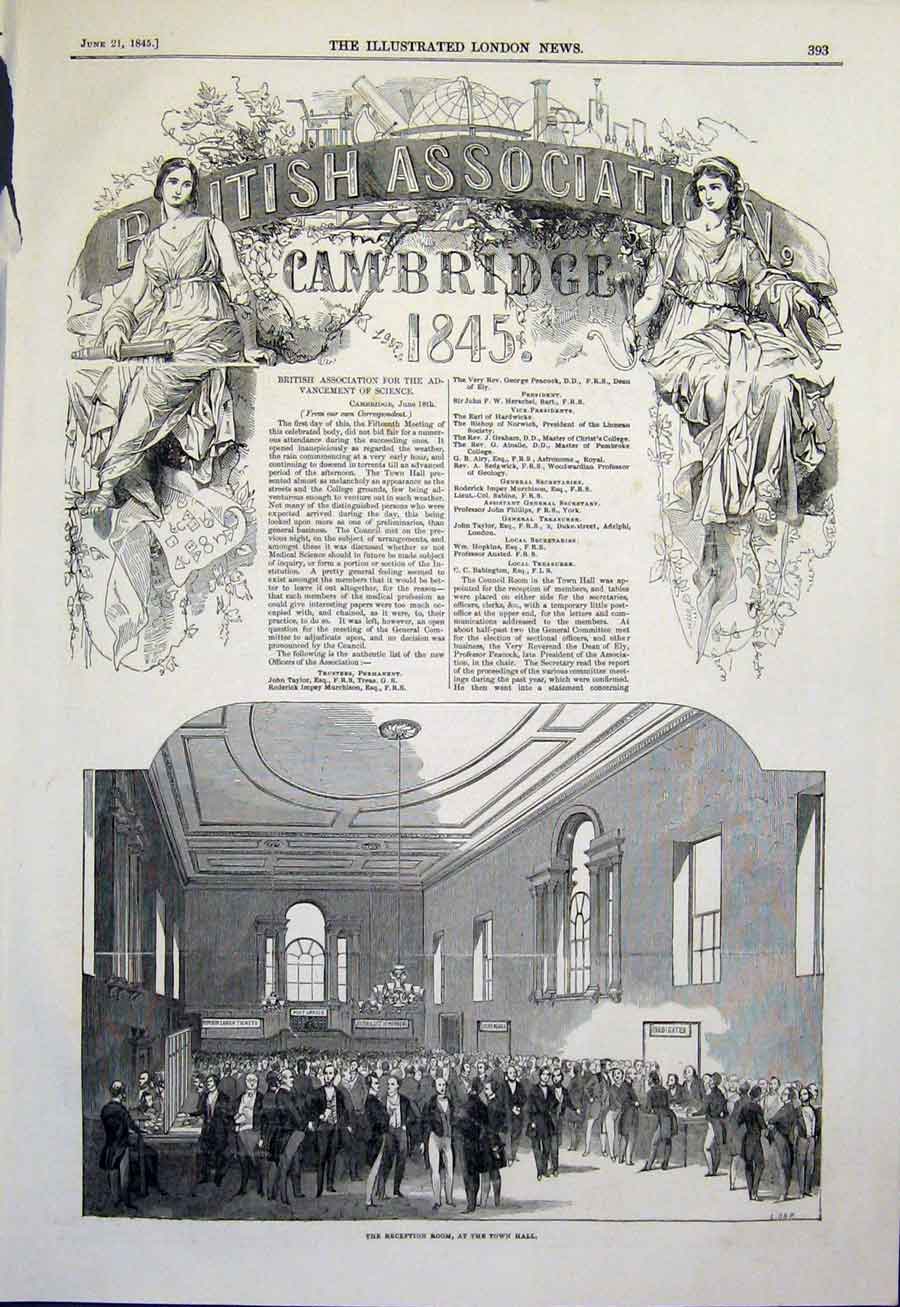Original Old Antique Print Cambridge Town Hall Reception Room Science 1845 19th