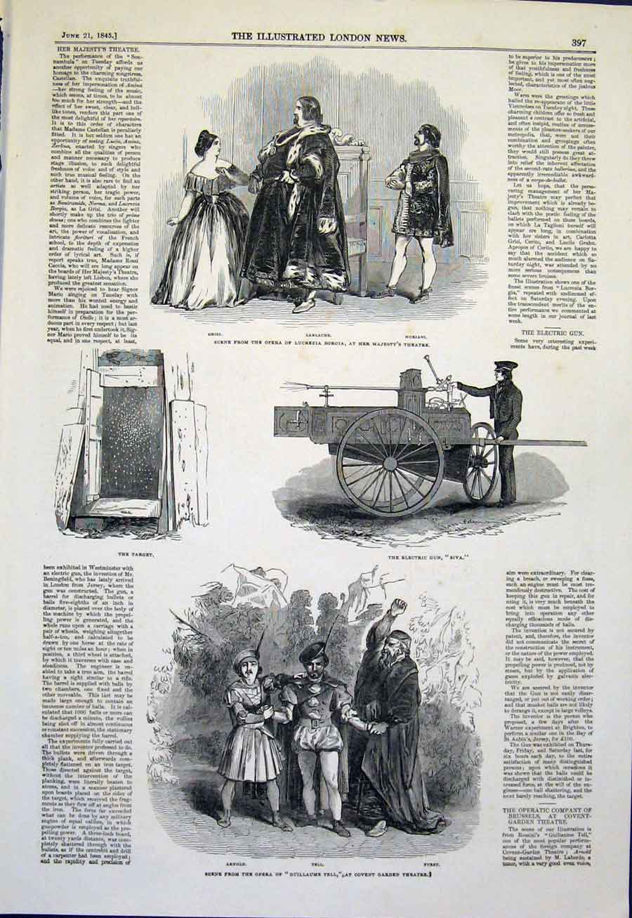 Old Antique Print Opera Borgia Majesty'S Theatre Gun Electric Covent 1845 19th