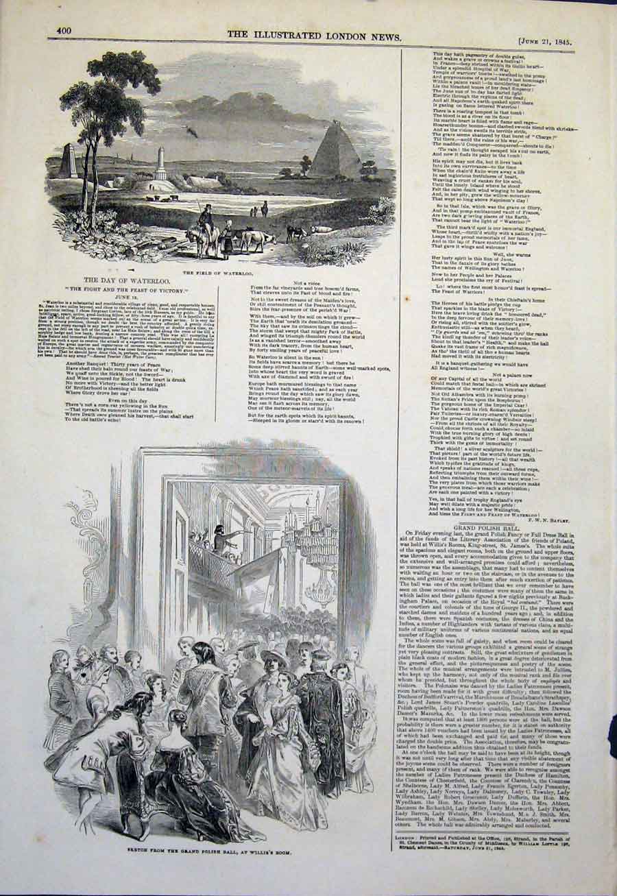 Original Old Antique Print Waterloo Field Polish Ball Willis Boom 1845 Victorian