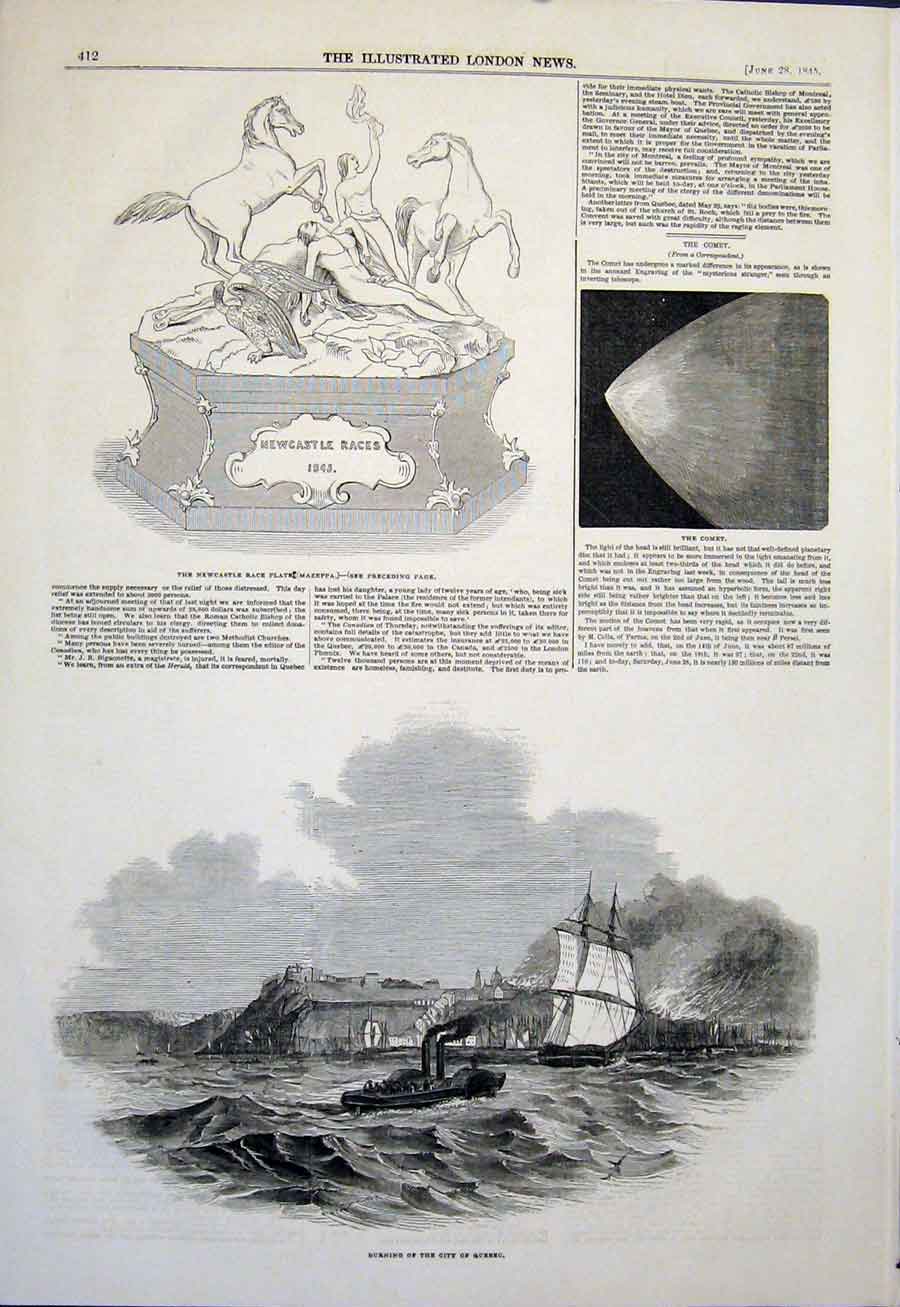 Original Old Antique Print Newcastle Race Plate Comet Quebec Fire City 1845 19th