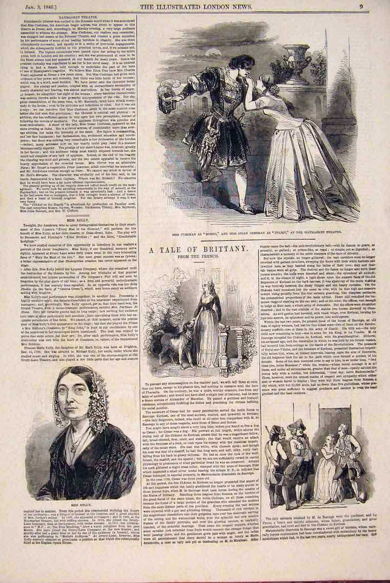 Original Old Antique Print Theatre Haymarket Kelly Portrait Tale Brittany 1846
