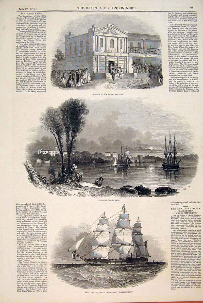Old Antique Print Sydney Council View New South Wales Massachusetts Ship