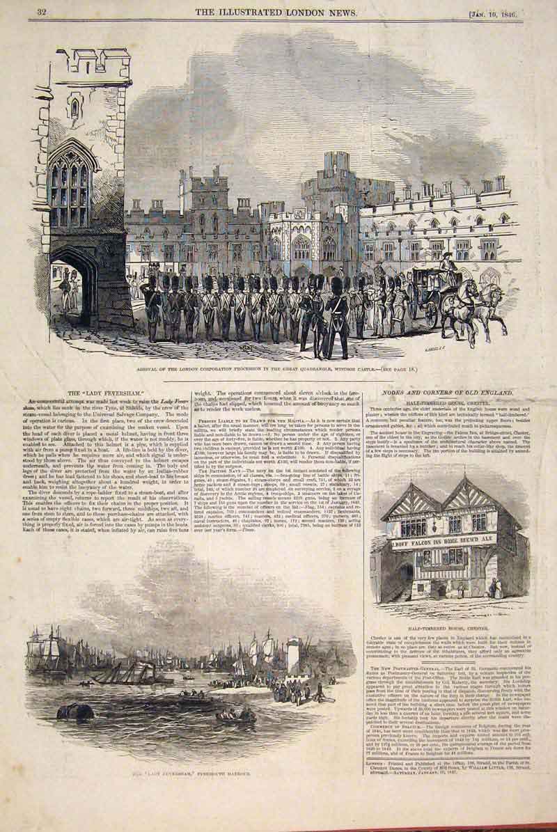Original Old Antique Print Windsor Castle Procession Tynemouth Harbour Chester